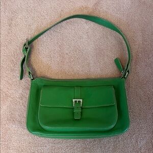 Talbots Bright Green Leather Shoulder Bag with Front Buckle Pocket